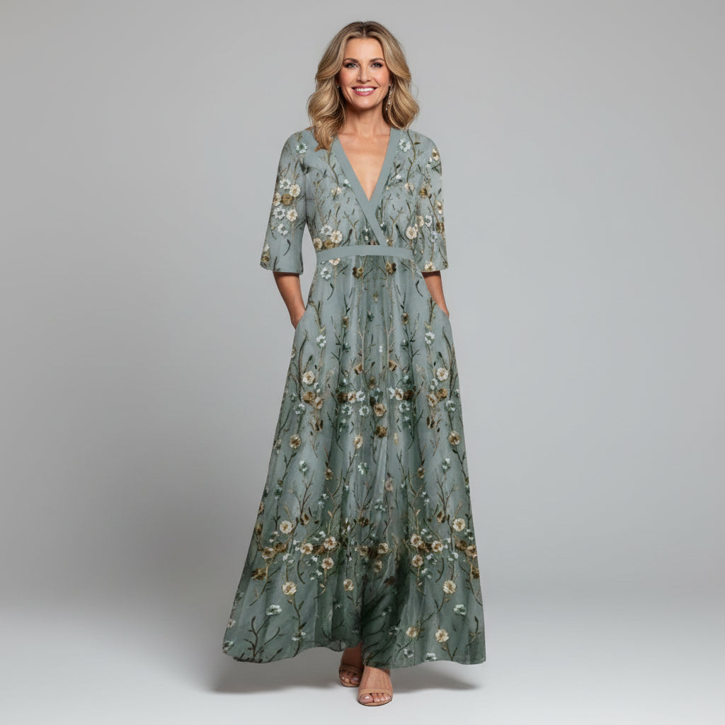 Thessaly | Elegant Floral Embroidered Maxi Dress