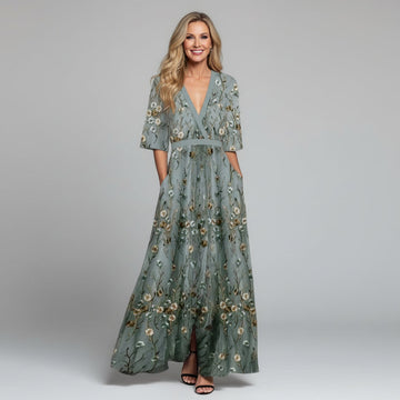 Thessaly | Elegant Floral Embroidered Maxi Dress