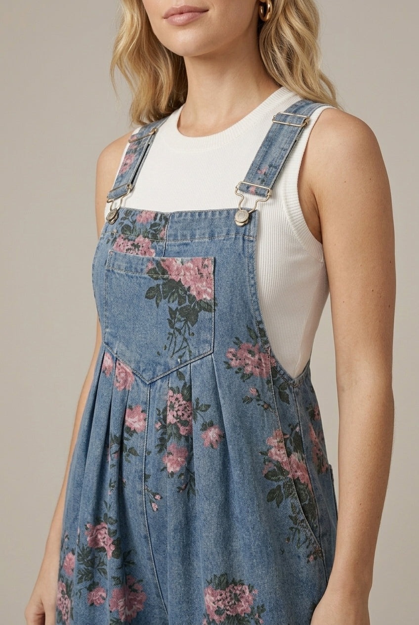 Floralie | Casual Floral Wide-Leg Denim Jumpsuit