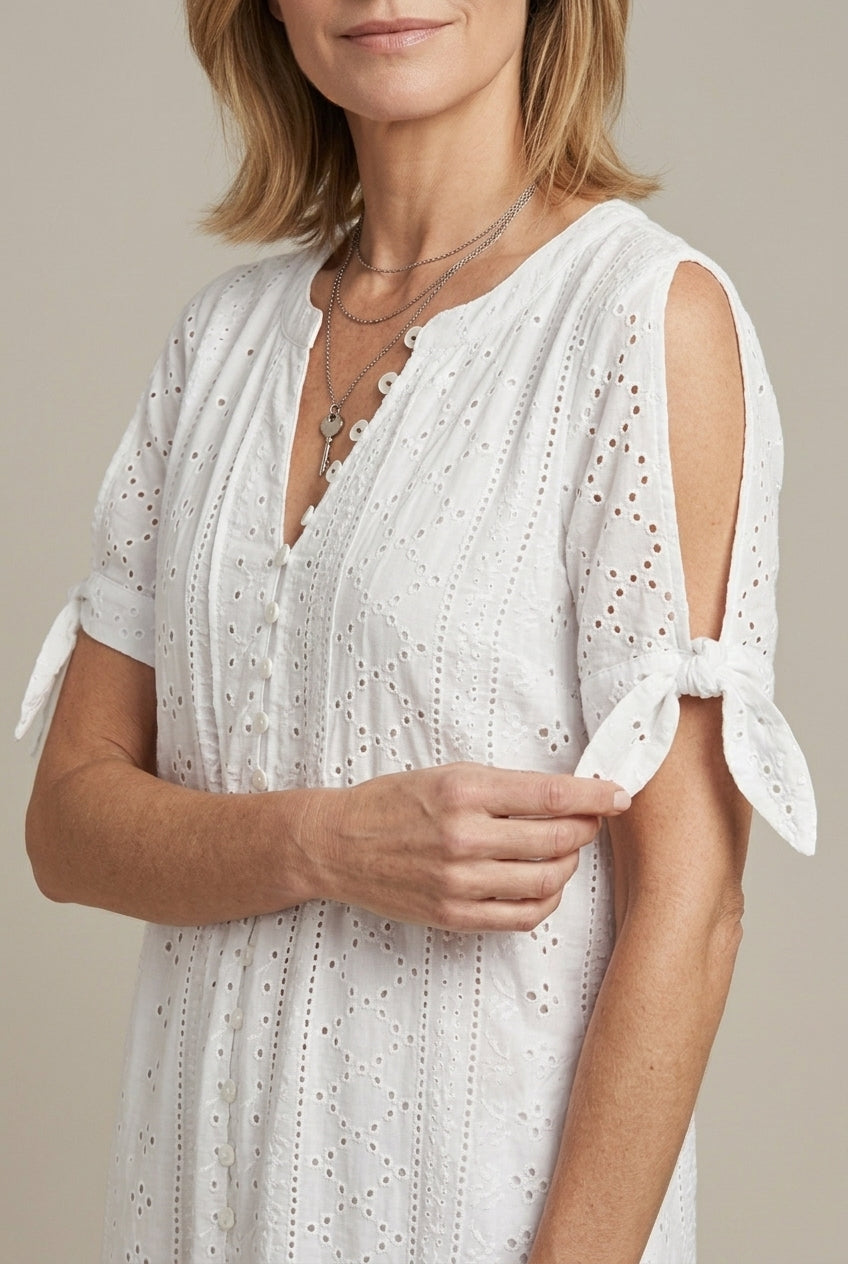 Rosalind | Elegant Eyelet Tie Sleeve Midi Dress