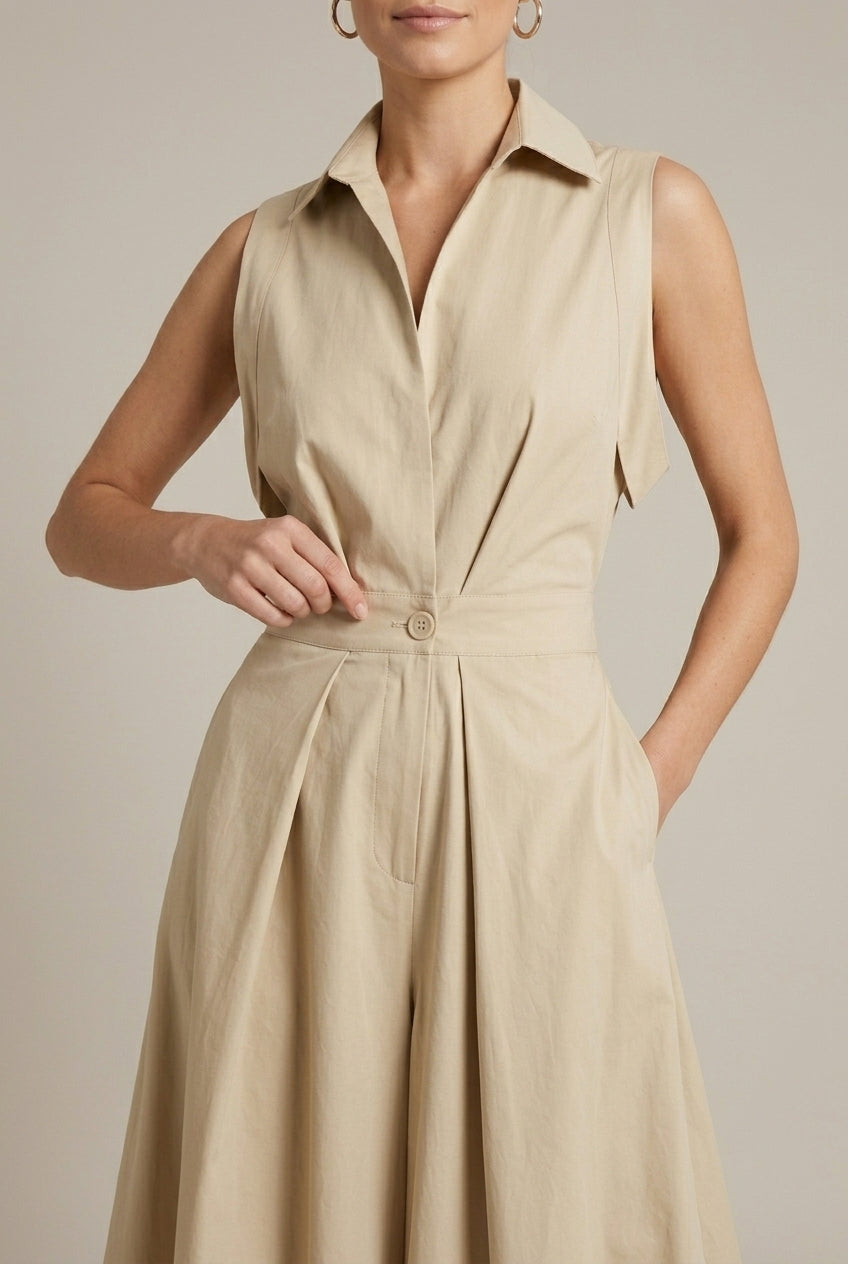 Evangeline | Elegant Sleeveless Shirt Collar Midi Dress