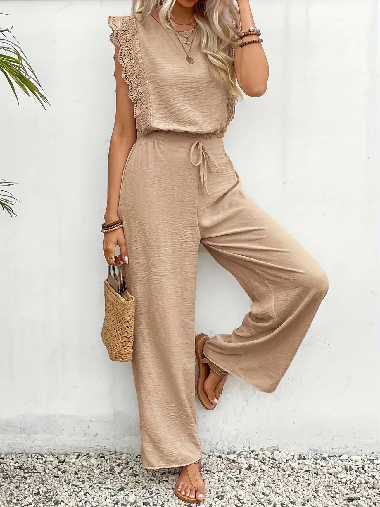 Adalenne | Effortless Lace Trim Wide Leg Two Piece Set