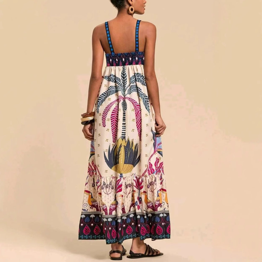 Tamrielle | Boho Tropical Print Smocked Maxi Dress