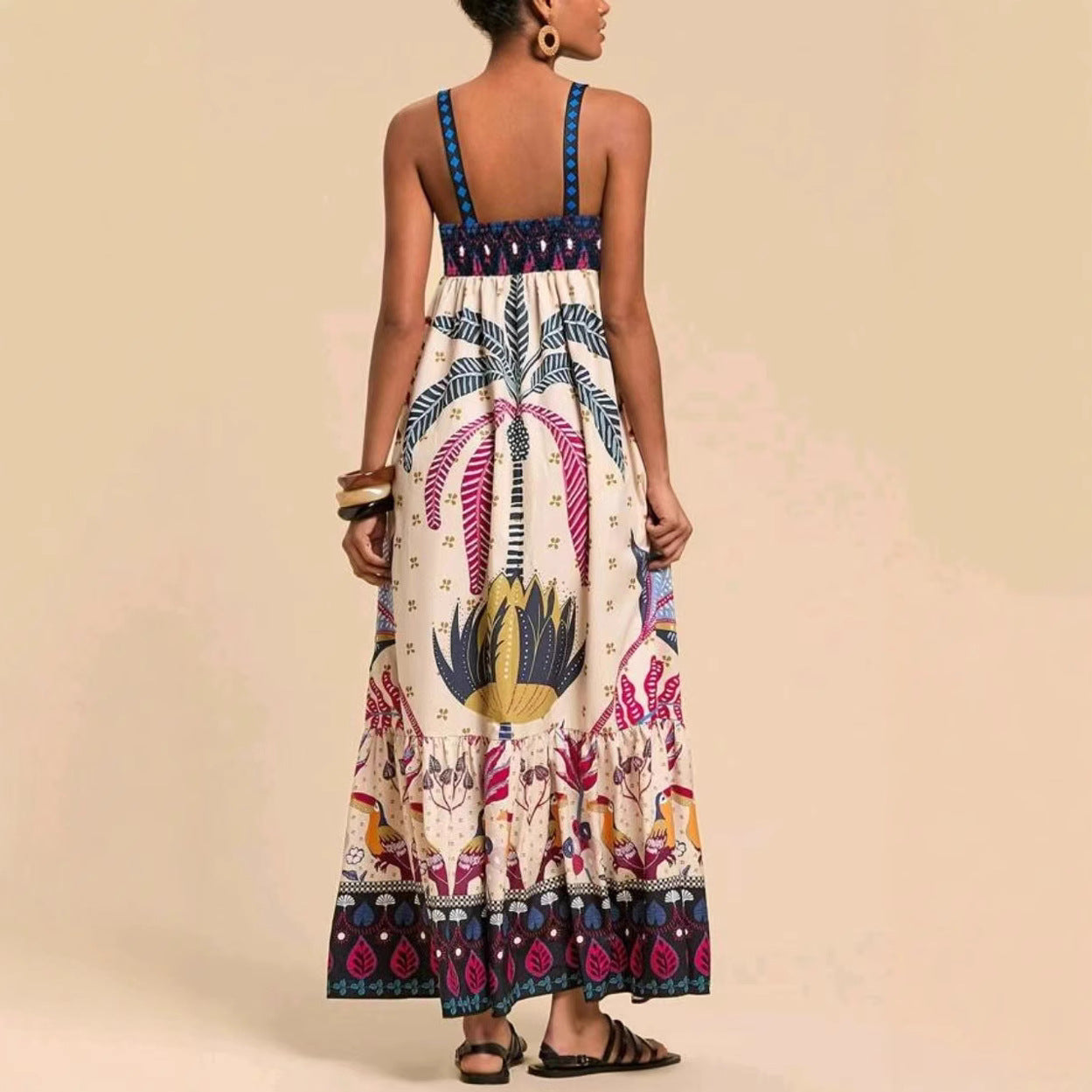 Tamrielle | Boho Tropical Print Smocked Maxi Dress