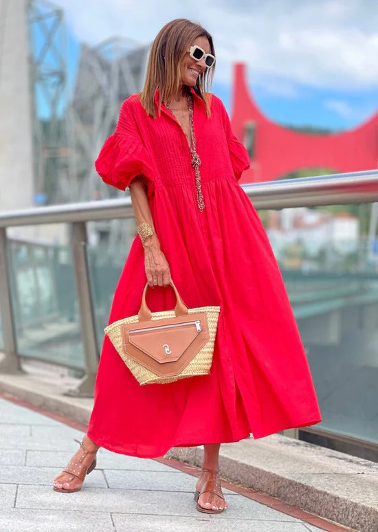 Cassandra | Elegant Puff Sleeve Button Front Maxi Dress
