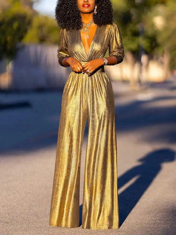 Astoria | Elegant Metallic V-Neck Wide-Leg Dressy Jumpsuit