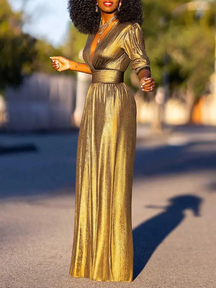 Astoria | Elegant Metallic V-Neck Wide-Leg Dressy Jumpsuit