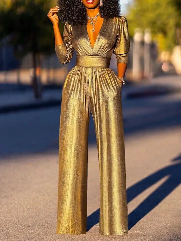 Astoria | Elegant Metallic V-Neck Wide-Leg Dressy Jumpsuit