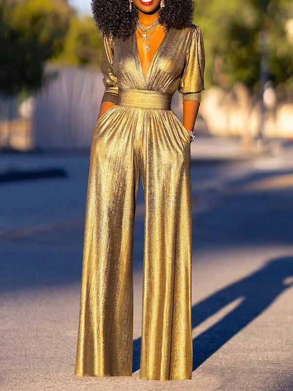 Astoria | Elegant Metallic V-Neck Wide-Leg Dressy Jumpsuit