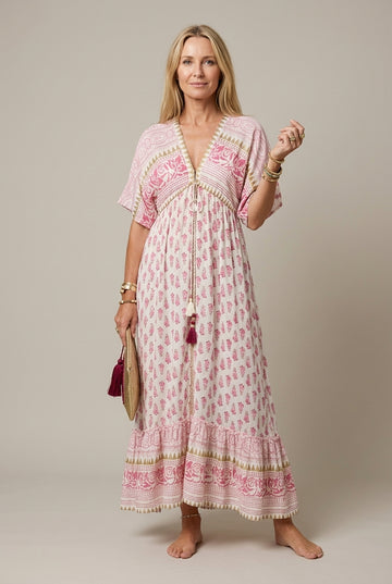 Vivienne | Elegant Pink Paisley Tiered Maxi Dress