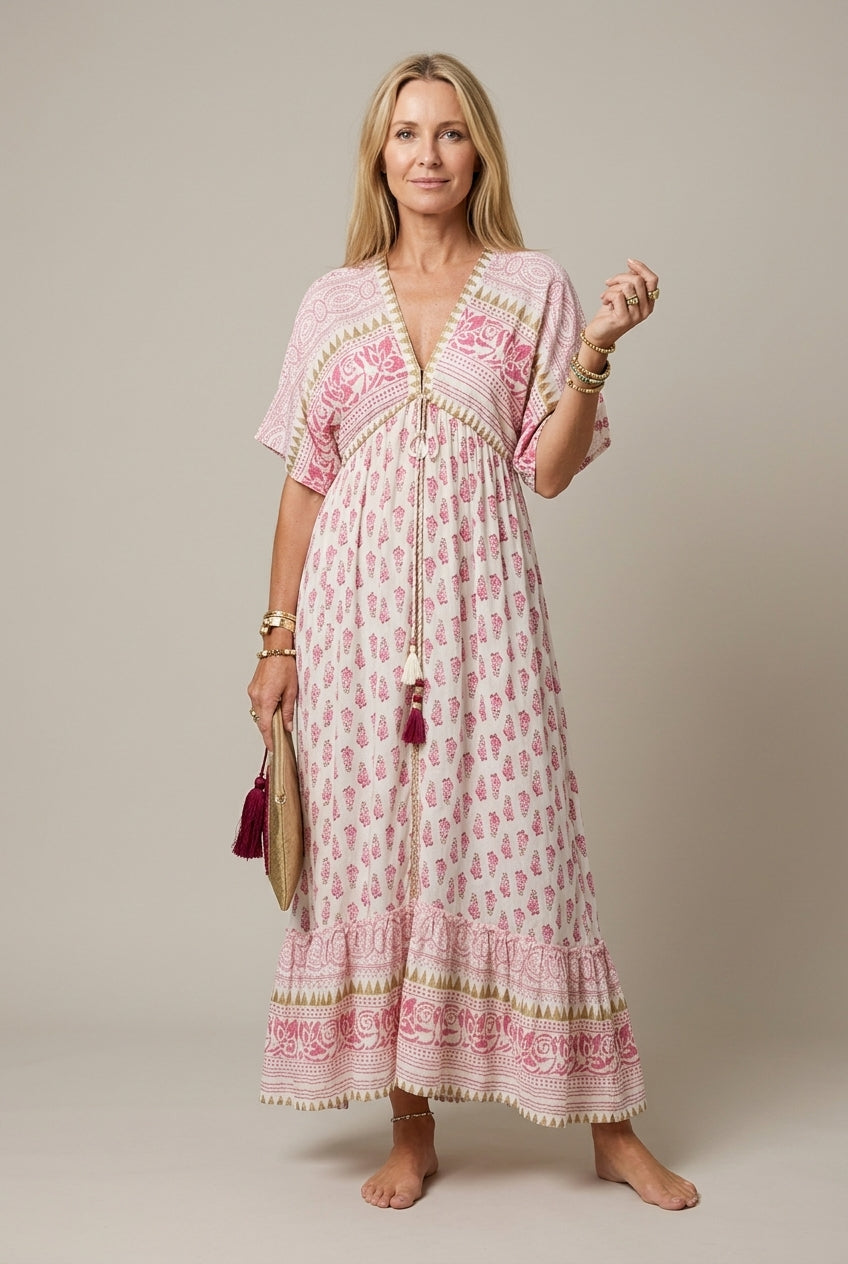 Vivienne | Elegant Pink Paisley Tiered Maxi Dress