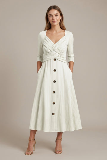 Calawen | Romantic Cross-Wrap Midi Button-Front Dress