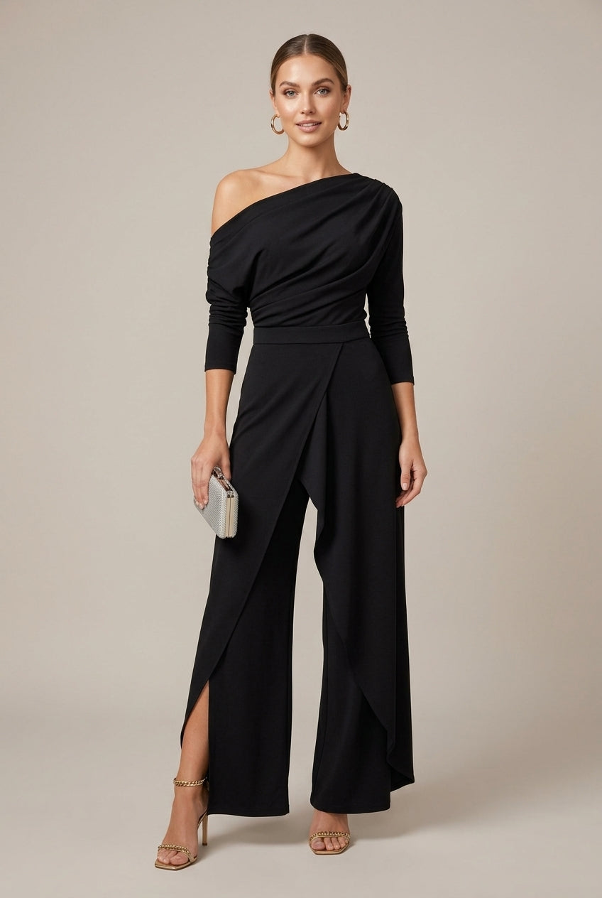 Vivienne | Elegant One Shoulder Draped Dressy Jumpsuit Women