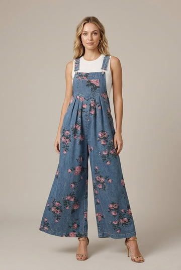 Floralie | Casual Floral Wide-Leg Denim Jumpsuit