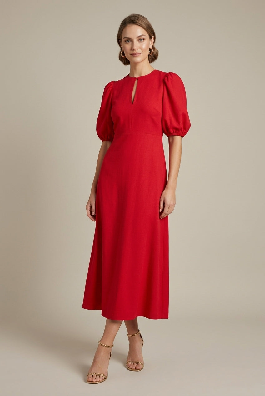 Isolenne | Elegant Puff-Sleeve Midi Dress