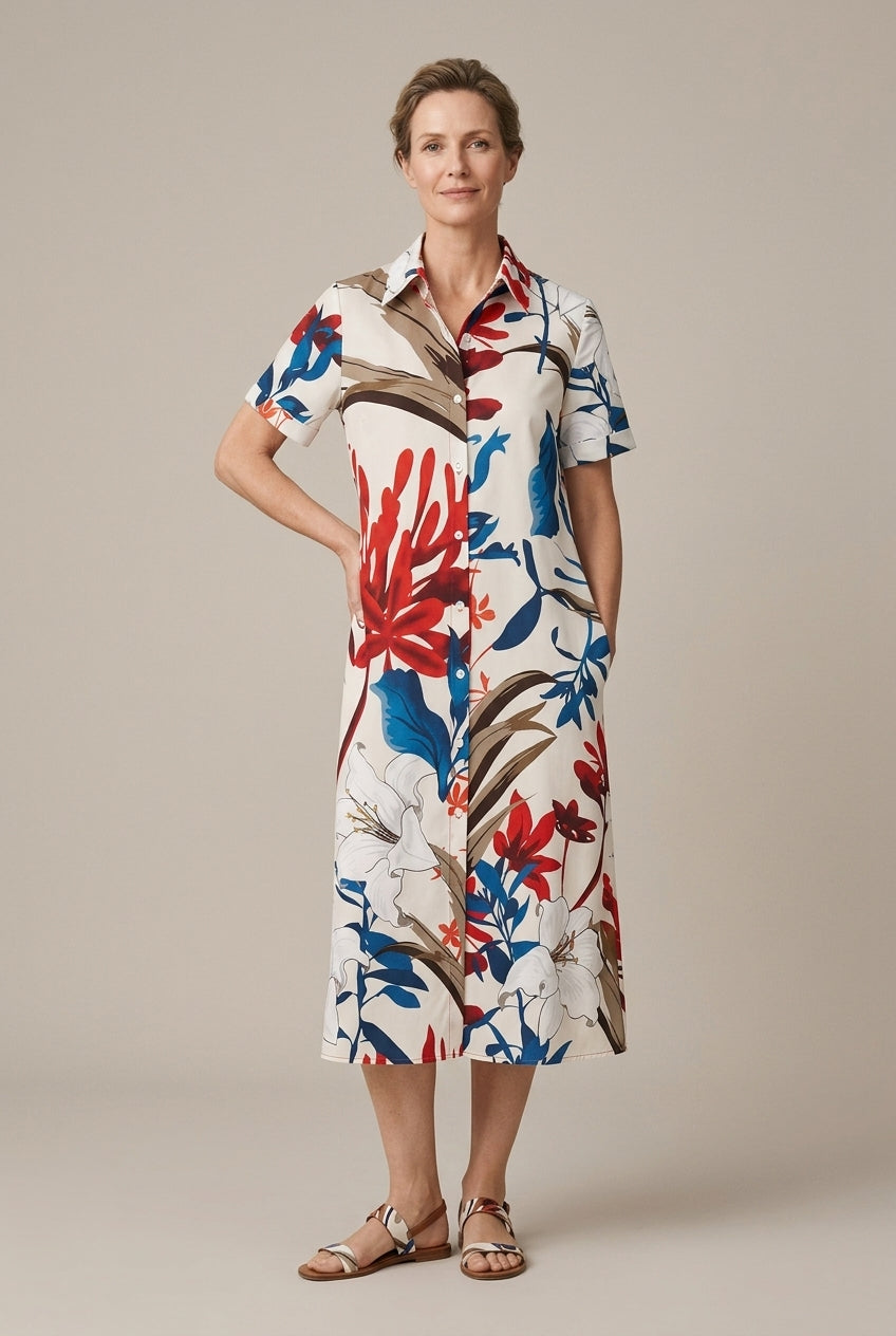 Evangeline | Floral Shirt Midi Dress