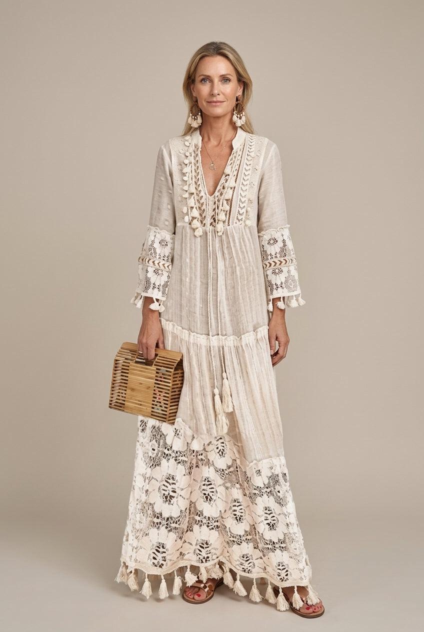 Lyralynn | Romantic Lace Trim Tiered Maxi Dress