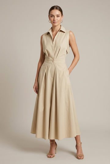 Evangeline | Elegant Sleeveless Shirt Collar Midi Dress