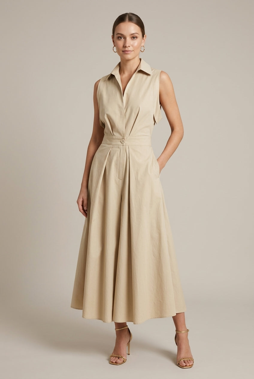 Evangeline | Elegant Sleeveless Shirt Collar Midi Dress