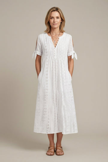 Rosalind | Elegant Eyelet Tie Sleeve Midi Dress