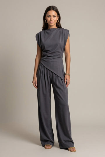 Luxenne | Refined Draped Top & Wide Leg Pants Set
