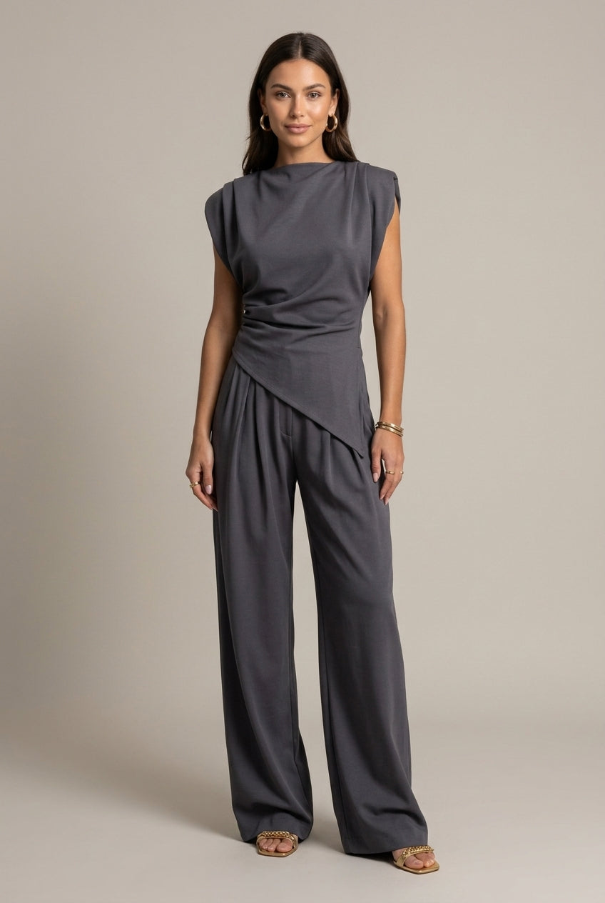 Luxenne | Refined Draped Top & Wide Leg Pants Set