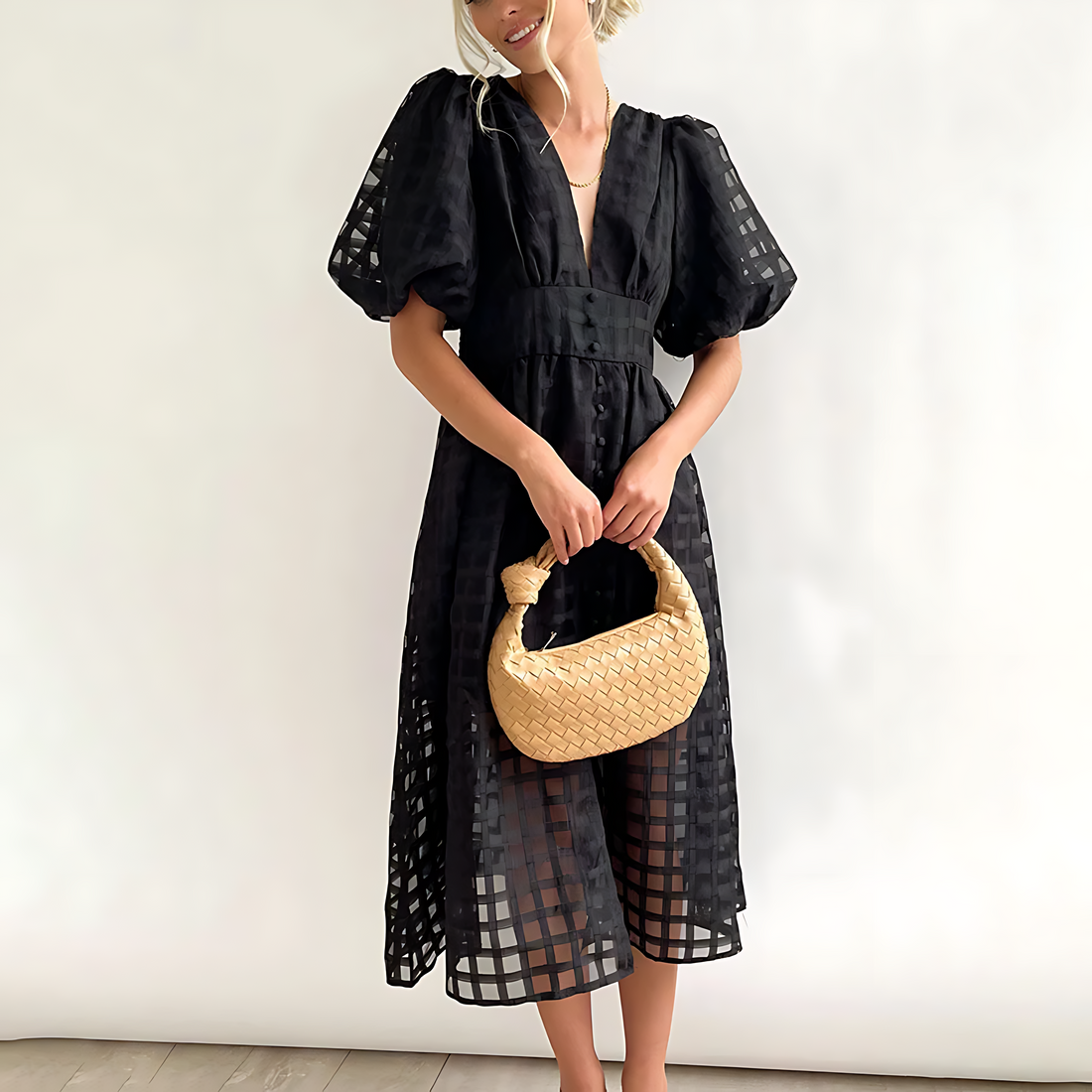 Evangeline | Elegant Puff Sleeve Check Midi Dress
