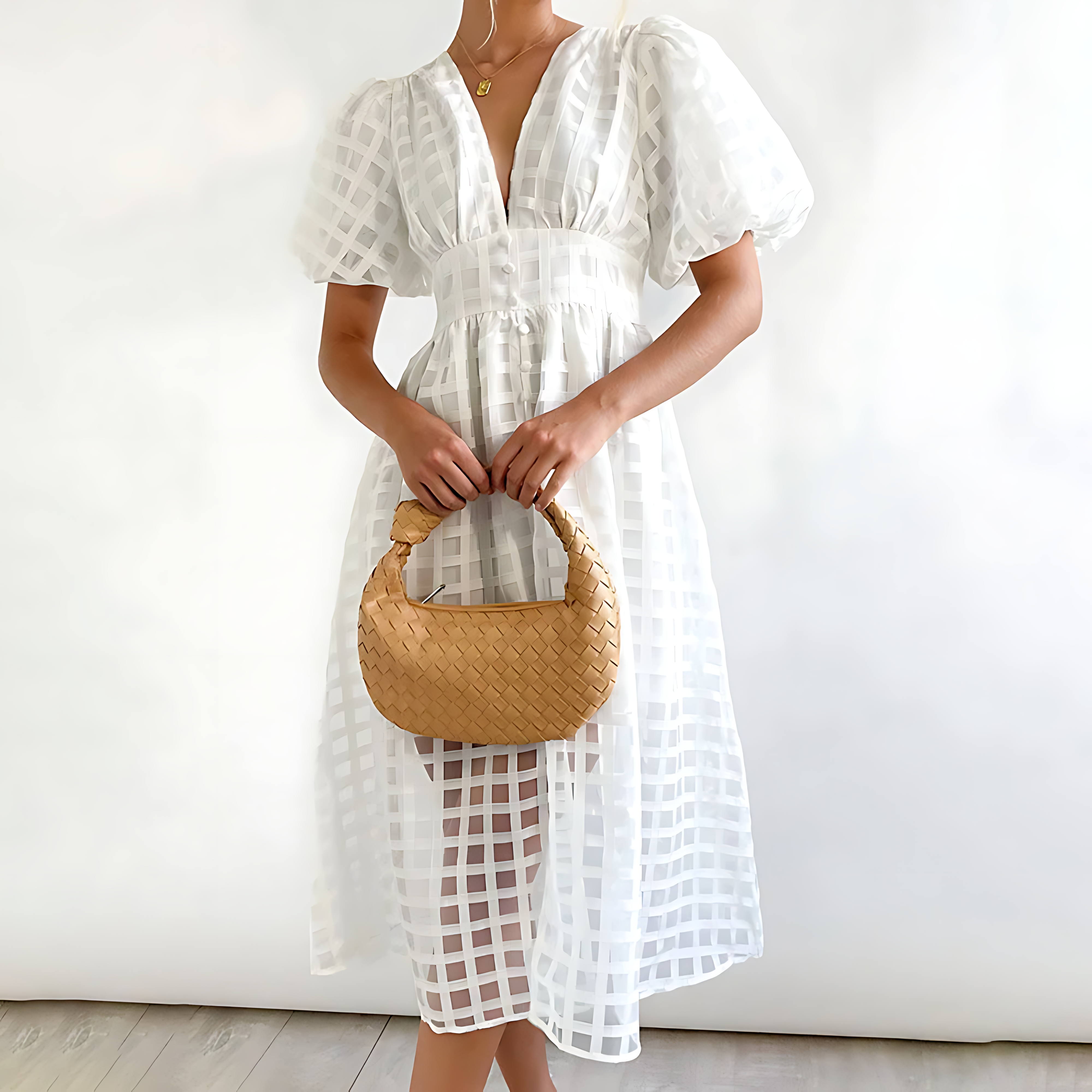 Evangeline | Elegant Puff Sleeve Check Midi Dress