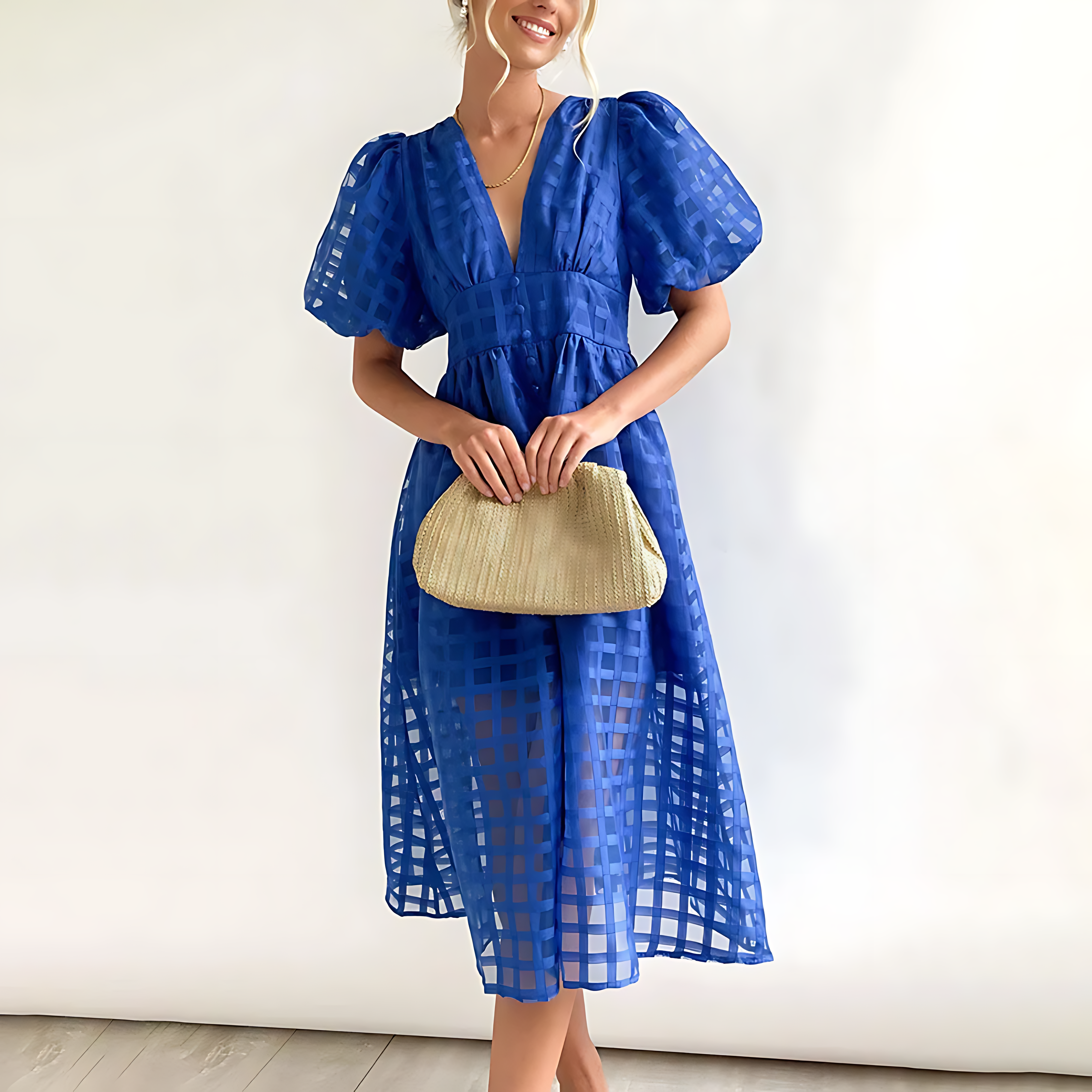 Evangeline | Elegant Puff Sleeve Check Midi Dress