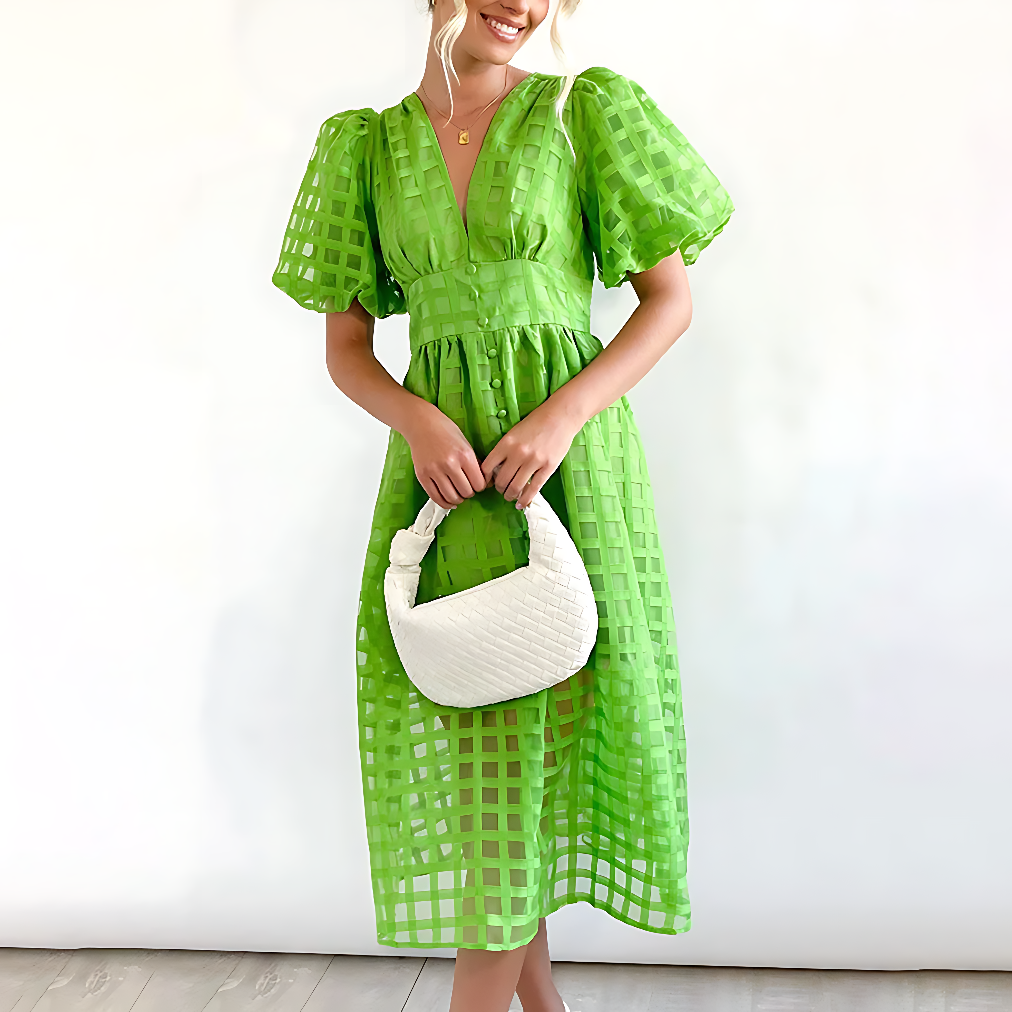 Evangeline | Elegant Puff Sleeve Check Midi Dress