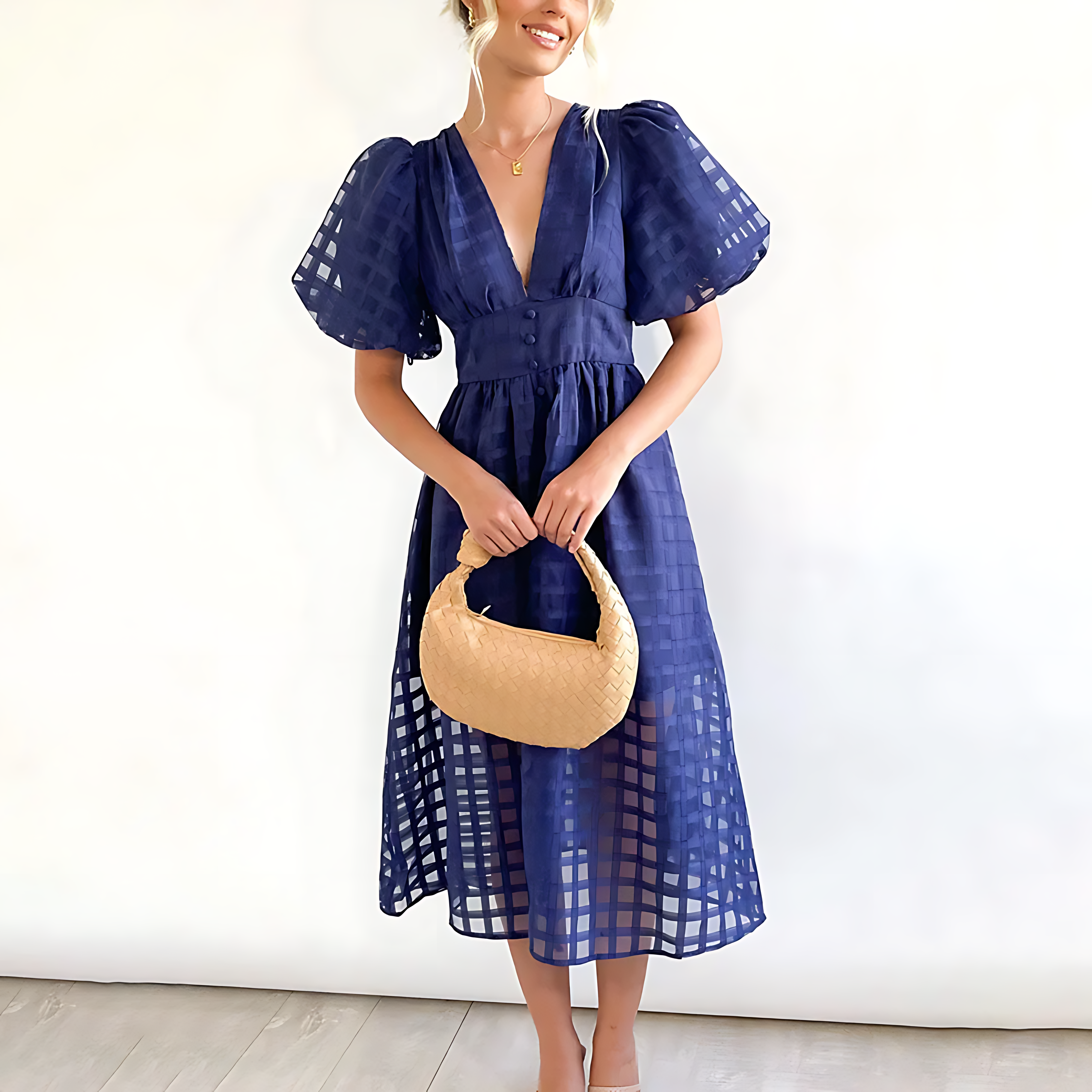 Evangeline | Elegant Puff Sleeve Check Midi Dress