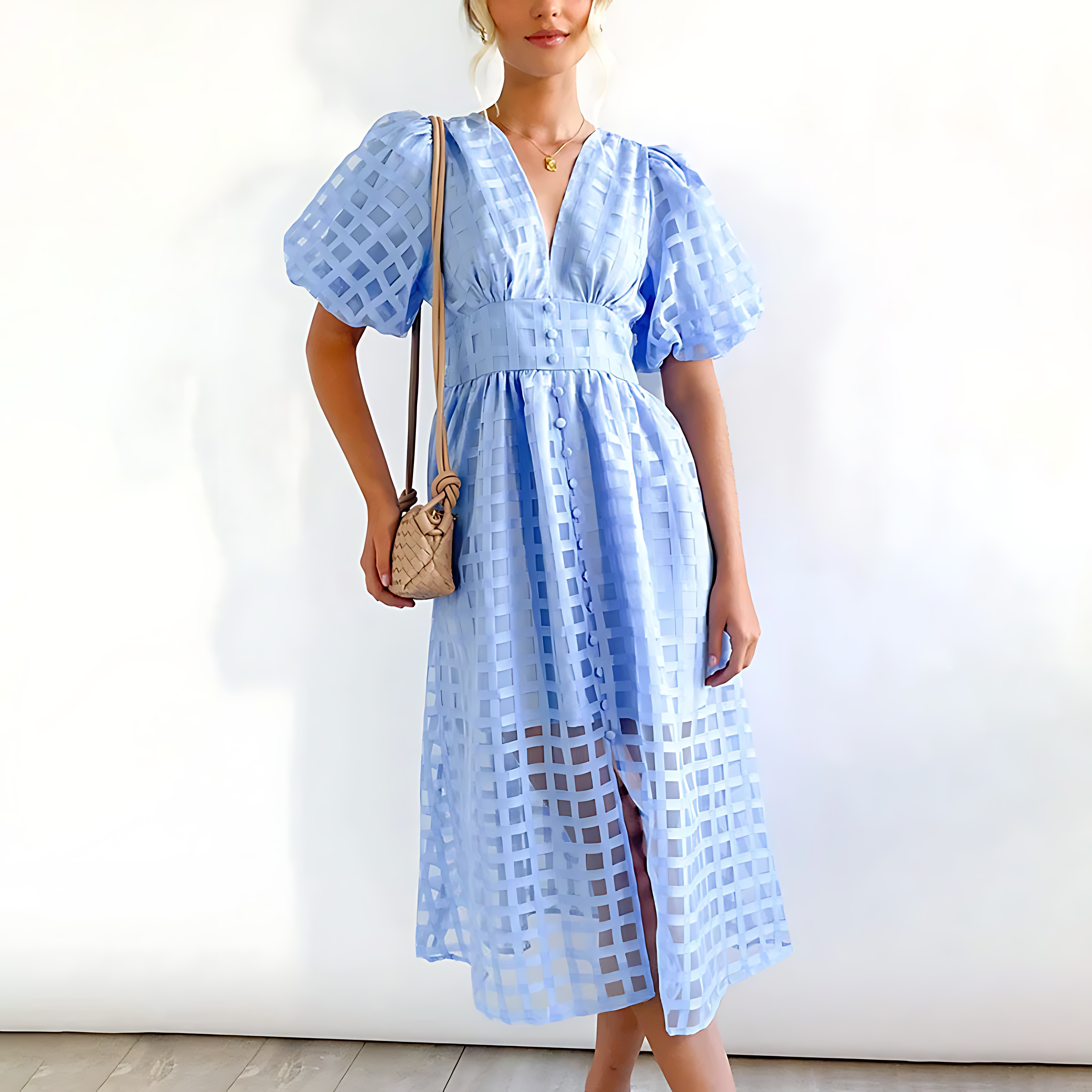 Evangeline | Elegant Puff Sleeve Check Midi Dress