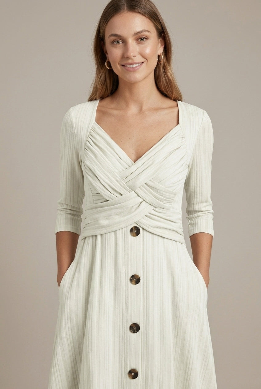 Calawen | Romantic Cross-Wrap Midi Button-Front Dress