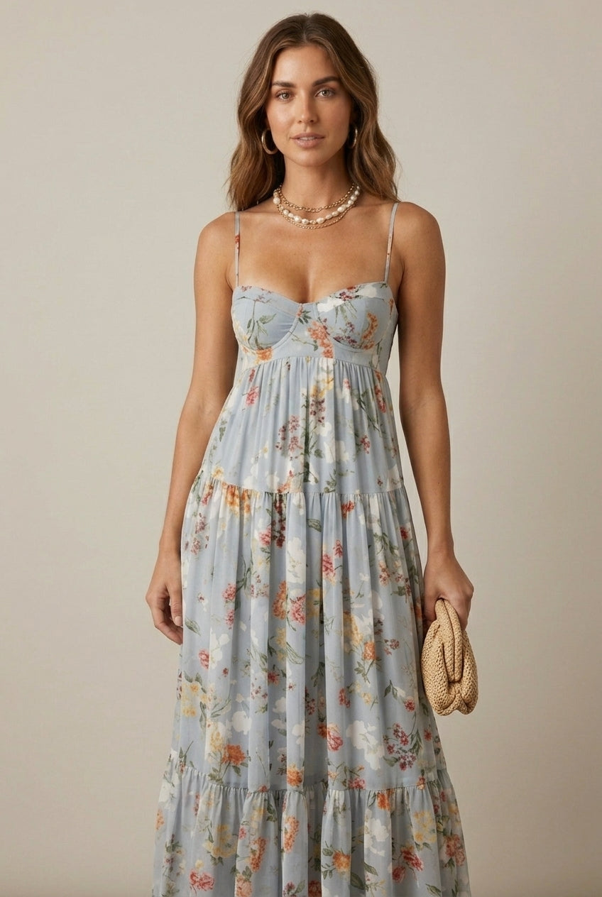 Ophelia | Floral Tiered Sweetheart Maxi Dress