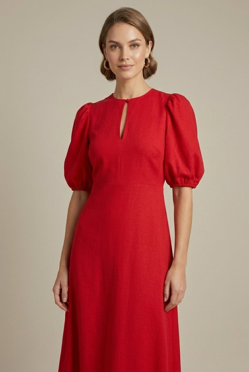 Isolenne | Elegant Puff-Sleeve Midi Dress