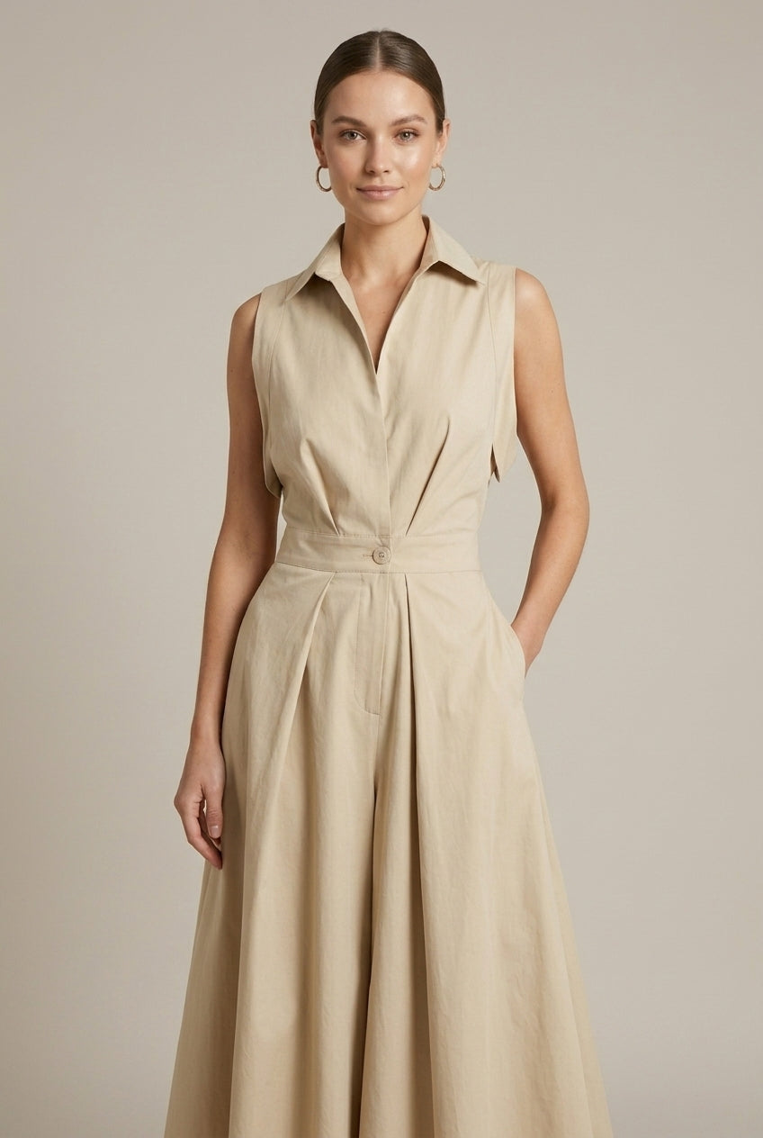 Evangeline | Elegant Sleeveless Shirt Collar Midi Dress