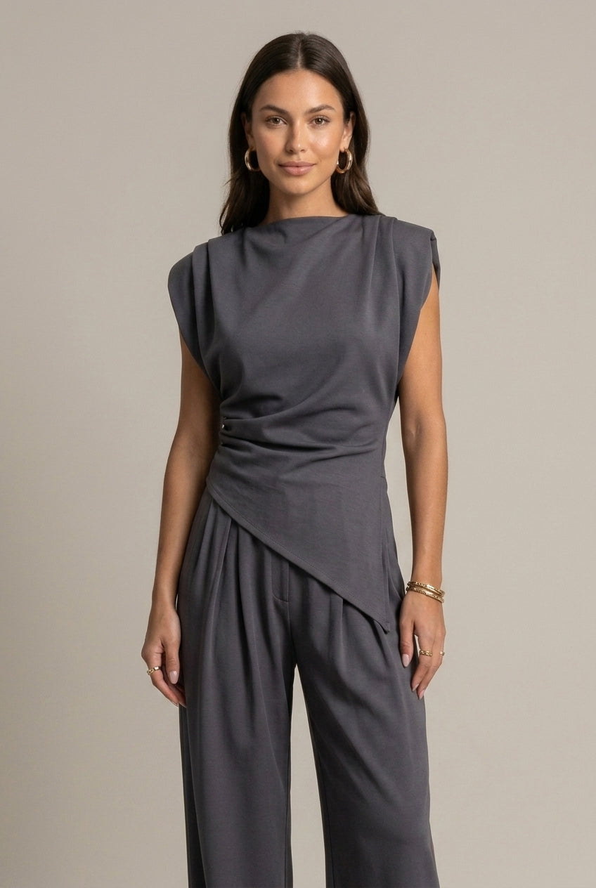Luxenne | Refined Draped Top & Wide Leg Pants Set