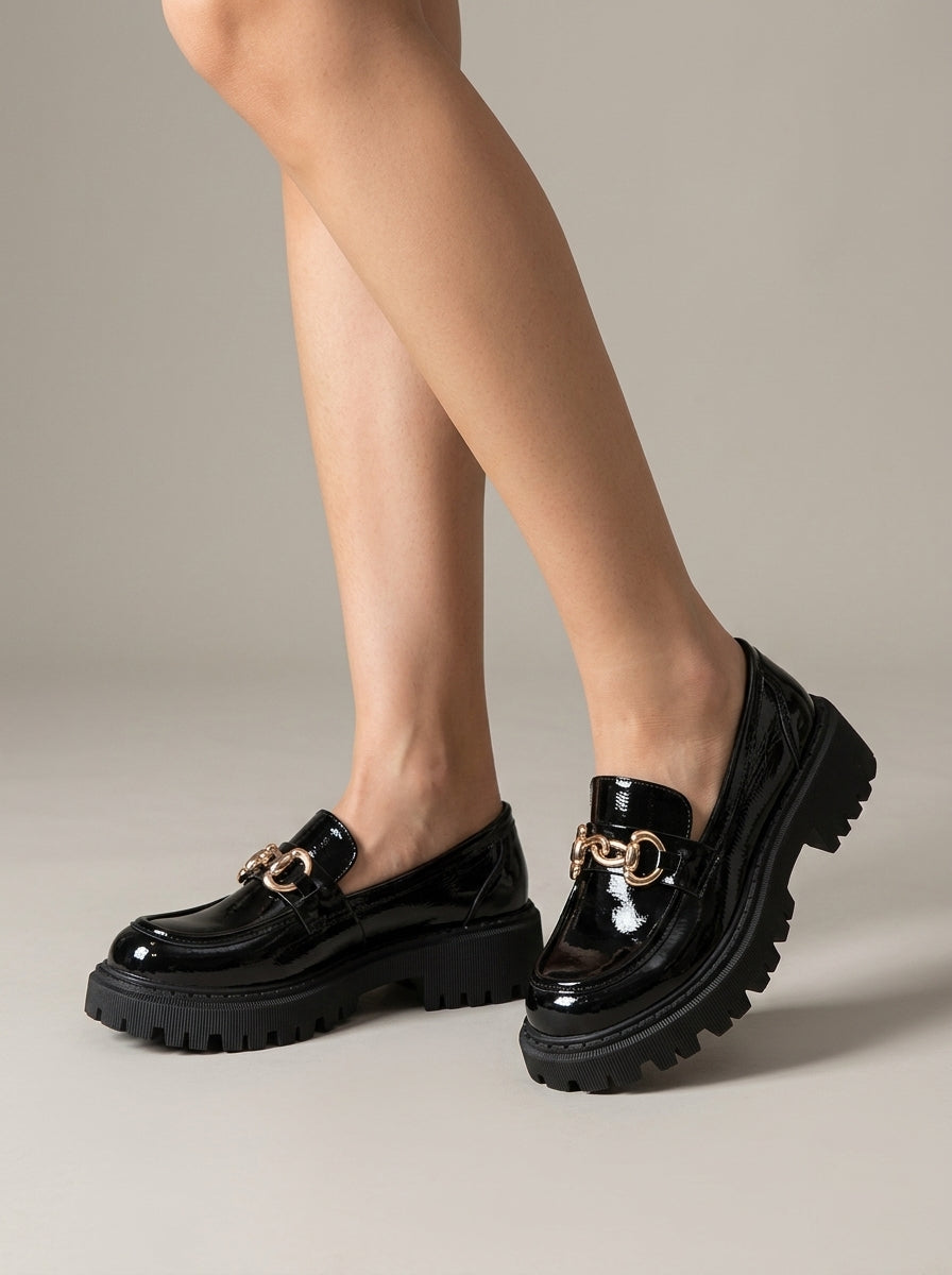 Women's Platform Loafers – Round Toe Slip-On Chain Detail Lug Sole