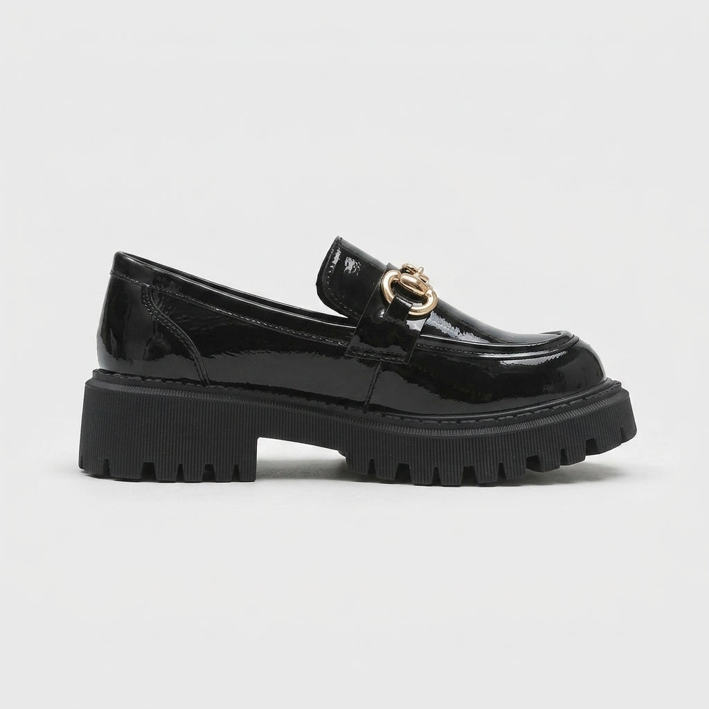 Women's Platform Loafers – Round Toe Slip-On Chain Detail Lug Sole