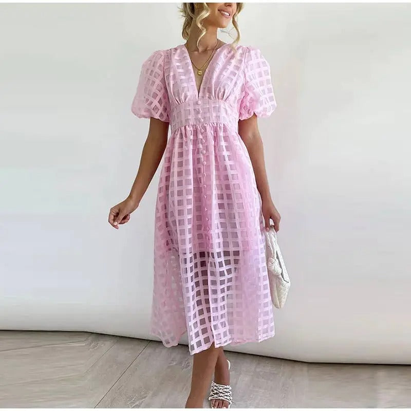 Evangeline | Elegant Puff Sleeve Check Midi Dress