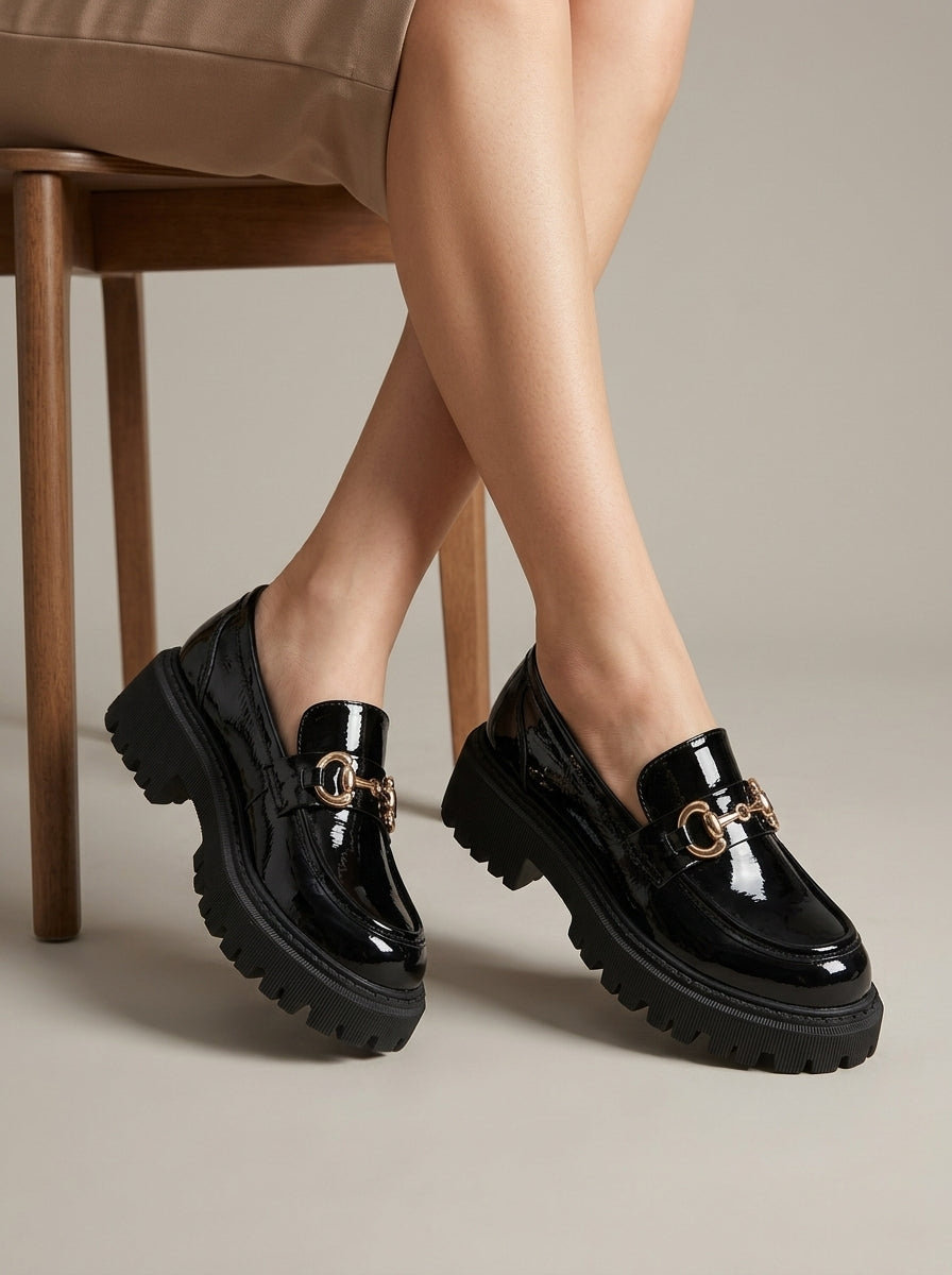 Women's Platform Loafers – Round Toe Slip-On Chain Detail Lug Sole