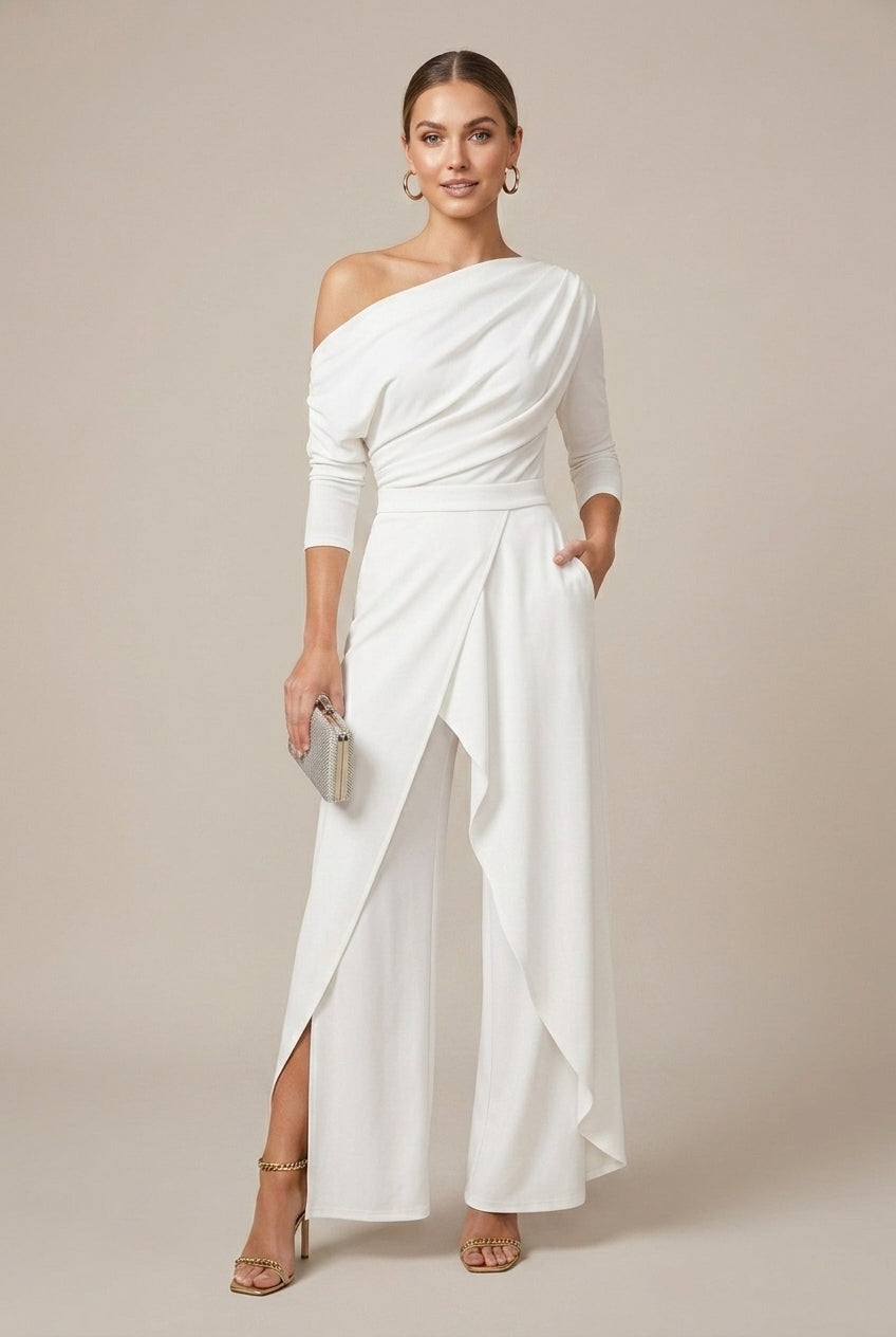 Vivienne | Elegant One Shoulder Draped Dressy Jumpsuit Women
