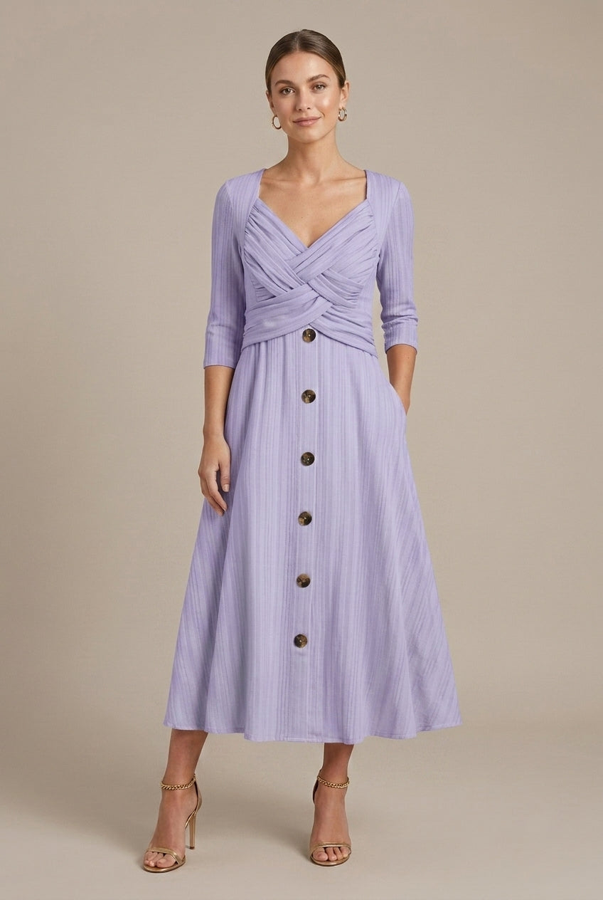Calawen | Romantic Cross-Wrap Midi Button-Front Dress