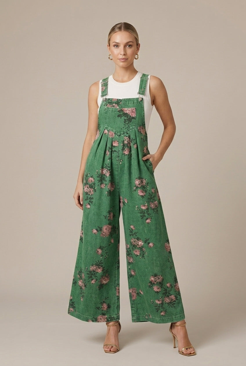 Floralie | Casual Floral Wide-Leg Denim Jumpsuit