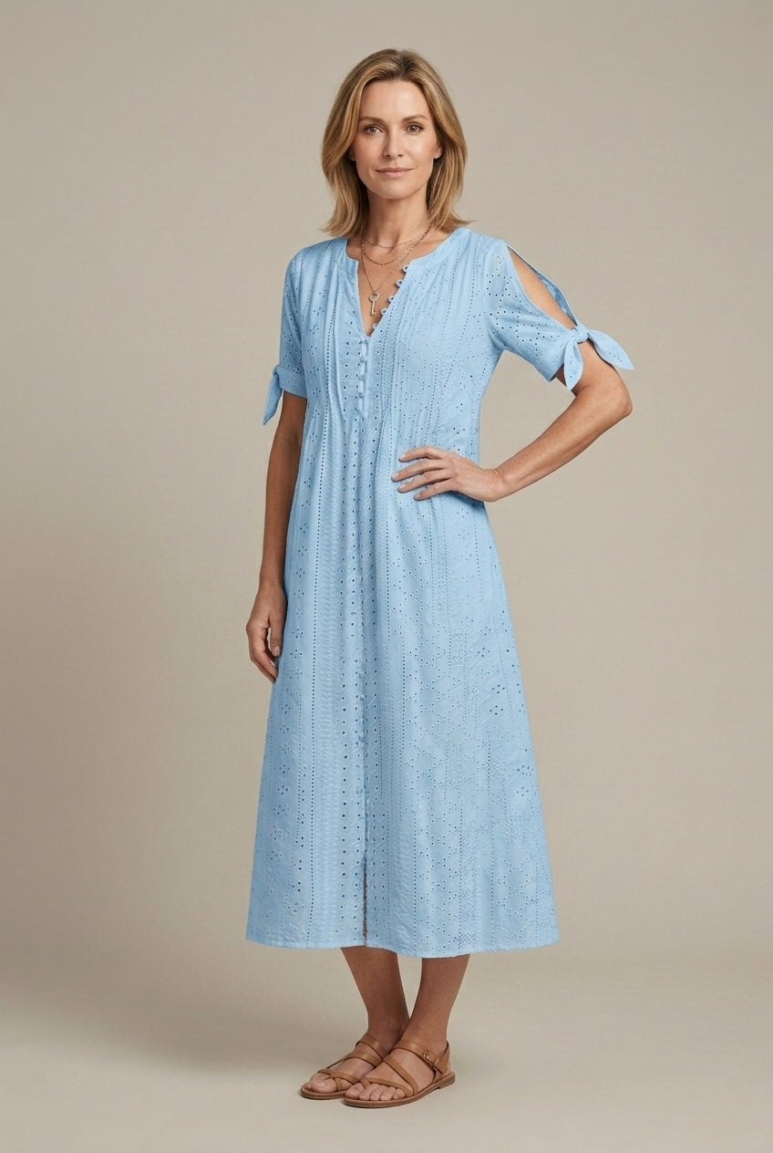 Rosalind | Elegant Eyelet Tie Sleeve Midi Dress