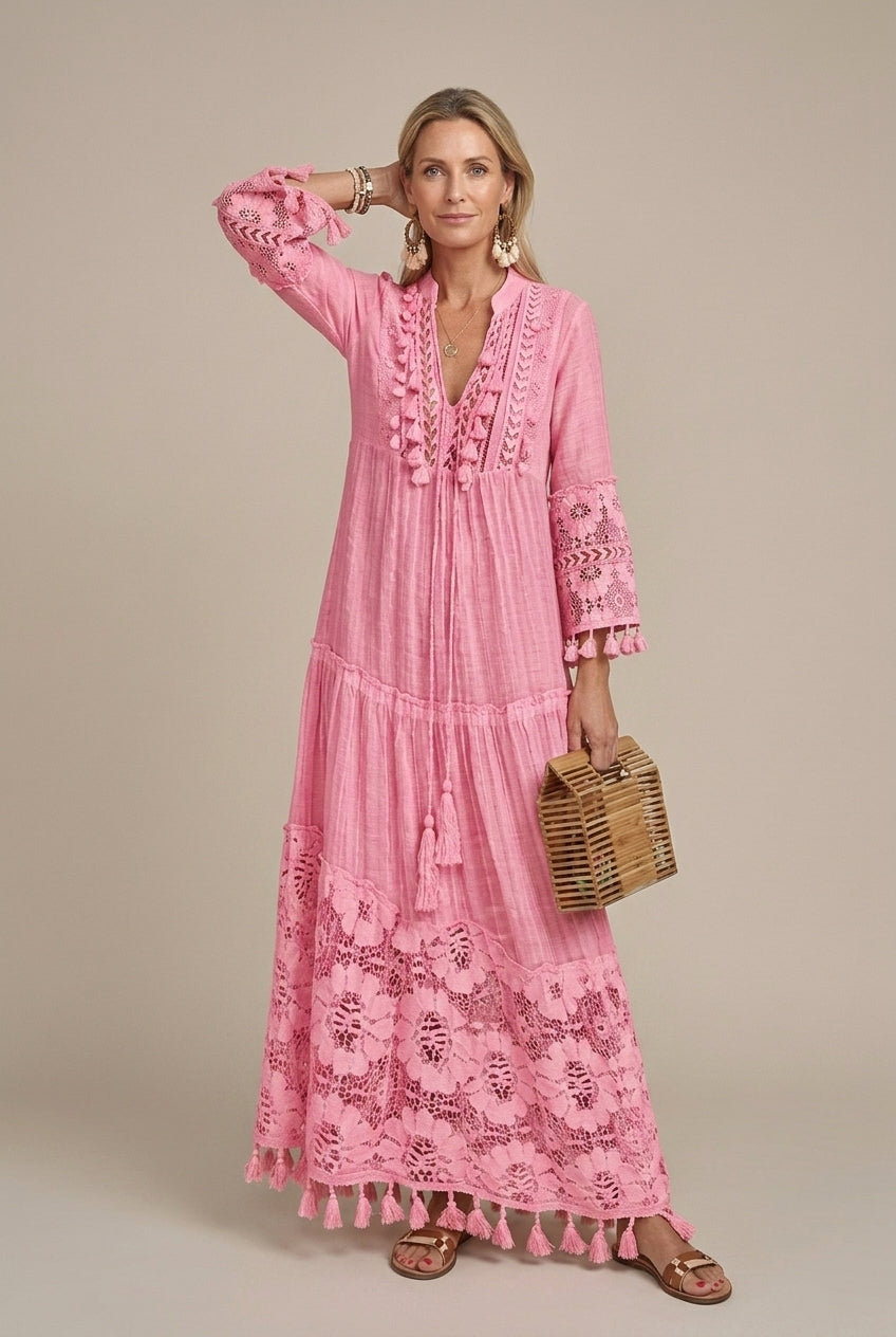 Lyralynn | Romantic Lace Trim Tiered Maxi Dress