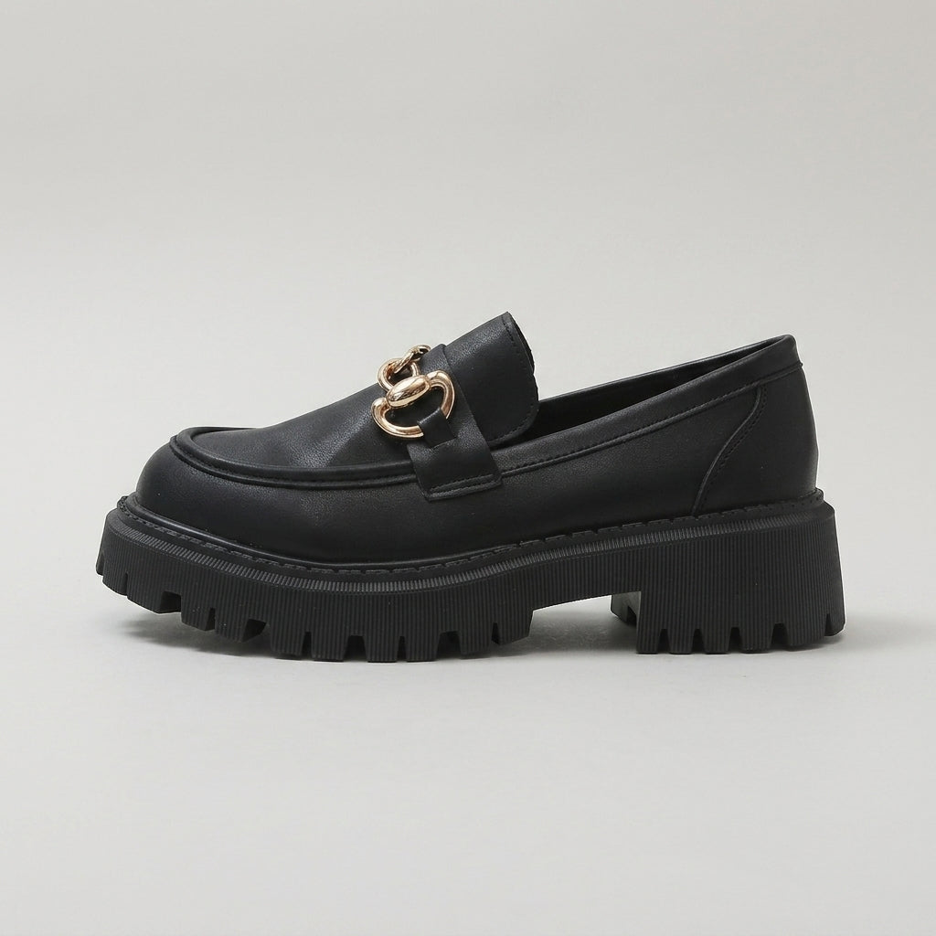 Women's Platform Loafers – Round Toe Slip-On Chain Detail Lug Sole