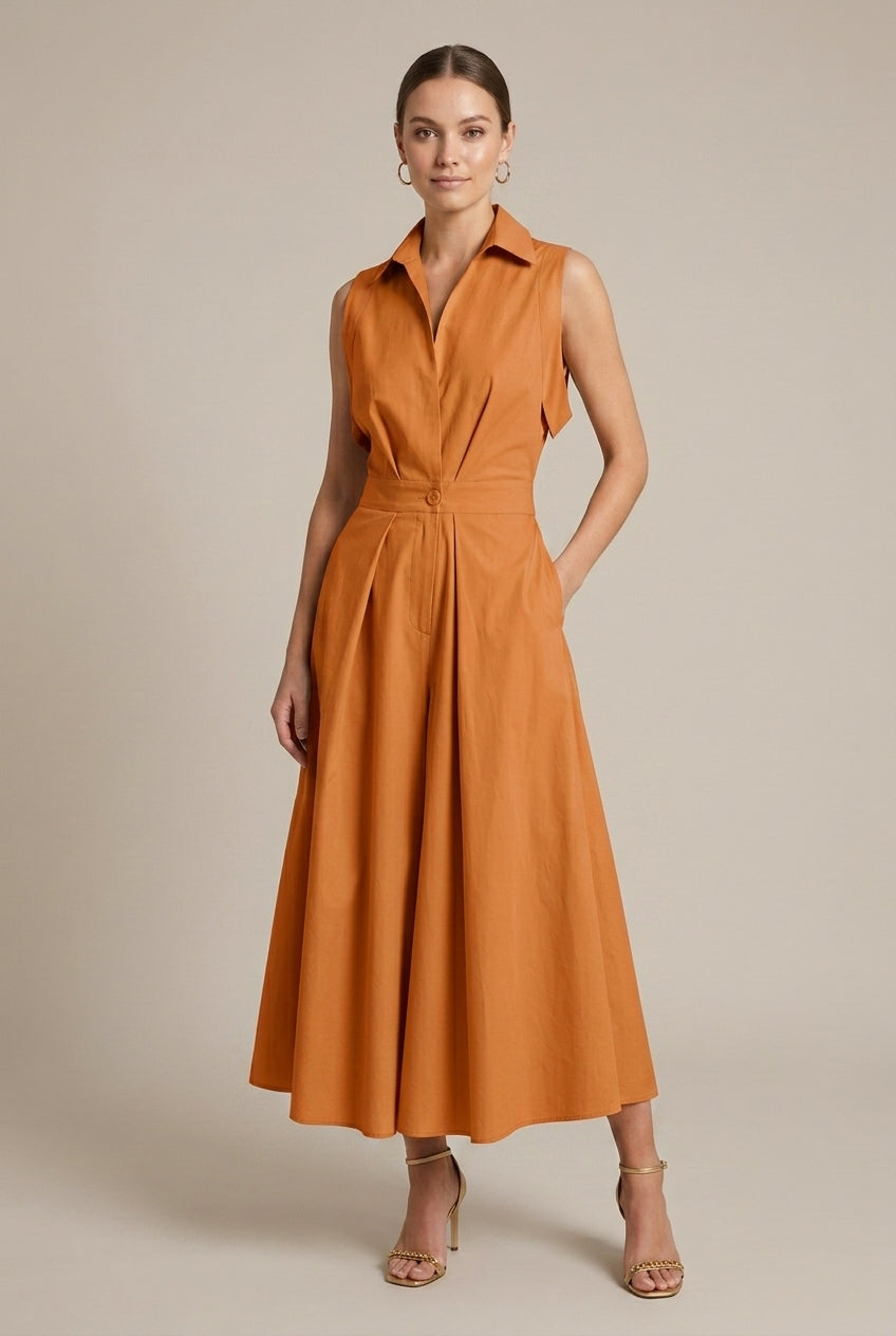 Evangeline | Elegant Sleeveless Shirt Collar Midi Dress