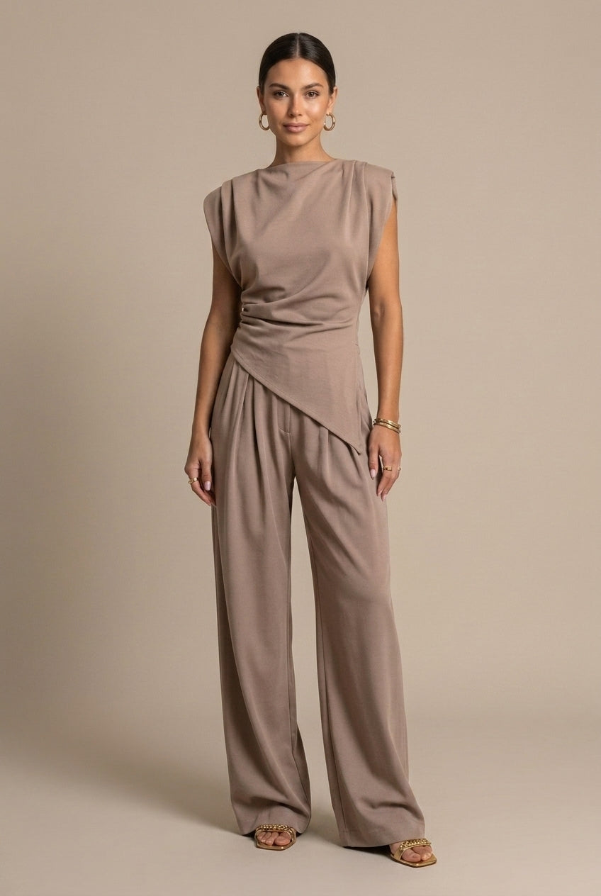 Luxenne | Refined Draped Top & Wide Leg Pants Set