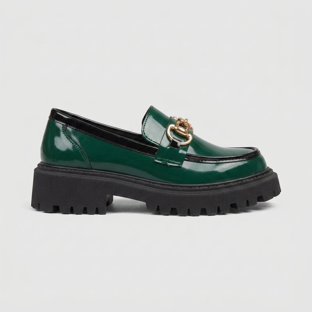 Women's Platform Loafers – Round Toe Slip-On Chain Detail Lug Sole